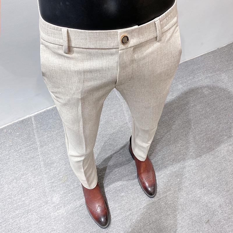 Men's Solid Color Slim Fit Linen Trousers 47640673X