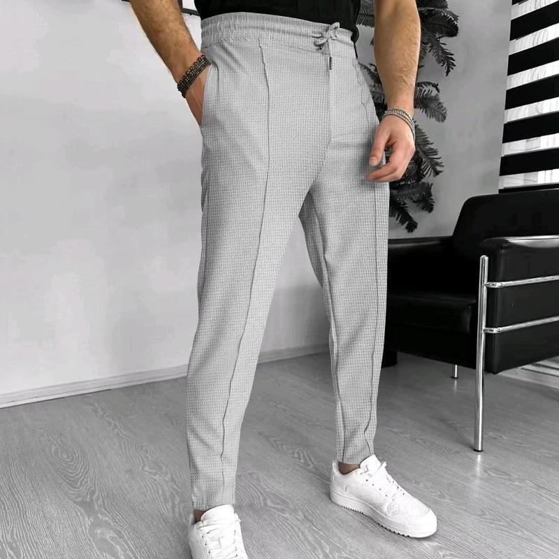 Men's Solid Waffle Elastic Waist Slim Casual Trousers 66746844Z