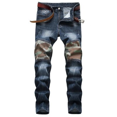 Men's Fashion Camo Patchwork Distressed Slim Jeans 08308873Z