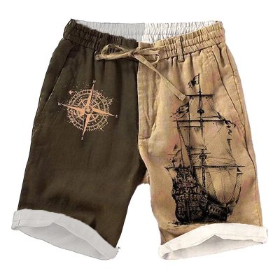 Men's Casual Vintage Ship Print Drawstring Shorts 67009889Y