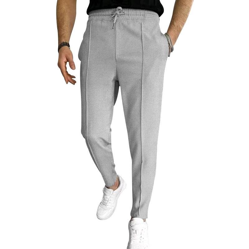 Men's Solid Waffle Elastic Waist Slim Casual Trousers 66746844Z