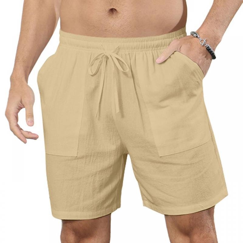 Men's Solid Color Cotton And Linen Beach Drawstring Shorts 66870846Y