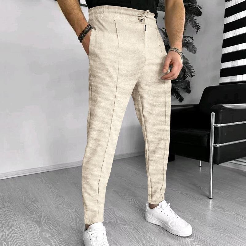 Men's Solid Waffle Elastic Waist Slim Casual Trousers 66746844Z