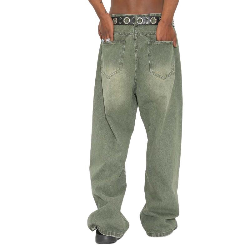 Men's Loose Washed Vintage Green Frayed Jeans 47046696X