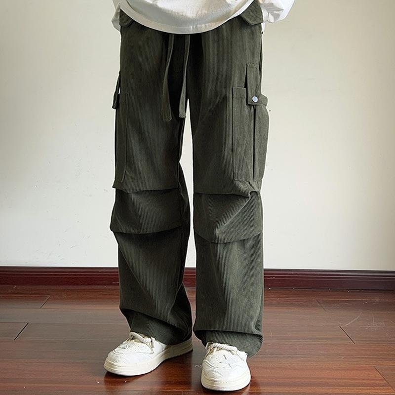 Men's Solid Corduroy Multi-pocket Elastic Waist Loose Cargo Pants 43963086Z