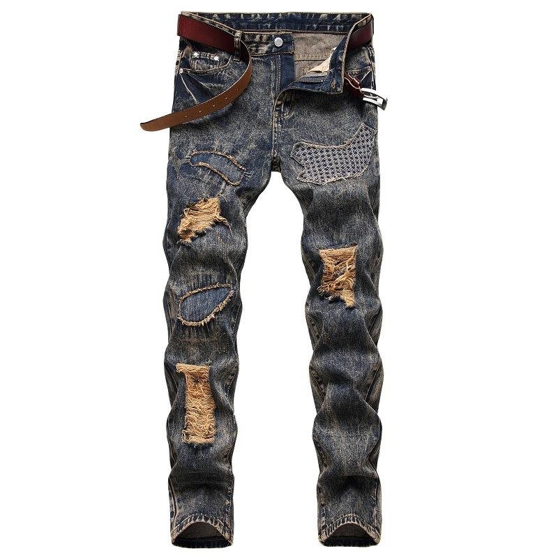 Men's Fashion Patchwork Distressed Hole Slim Jeans 44744466Z