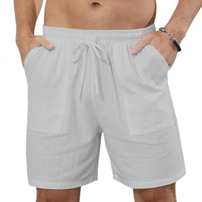 Men's Solid Color Cotton And Linen Beach Drawstring Shorts 66870846Y