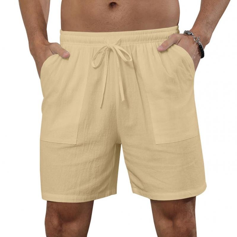 Men's Solid Color Cotton And Linen Beach Drawstring Shorts 66870846Y
