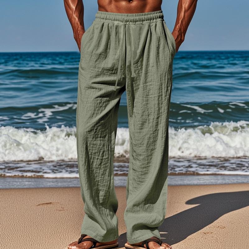 Men's Cotton And Linen Loose Lace-Up Pants 48893644Y