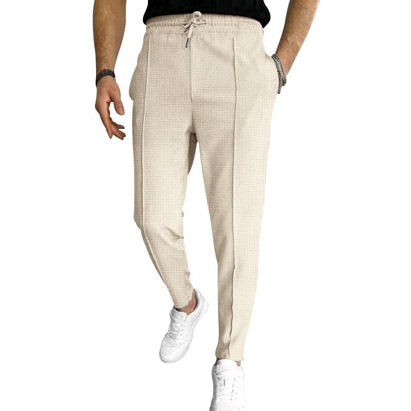 Men's Solid Waffle Elastic Waist Slim Casual Trousers 66746844Z