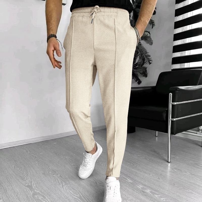 Men's Solid Waffle Elastic Waist Slim Casual Trousers 66746844Z