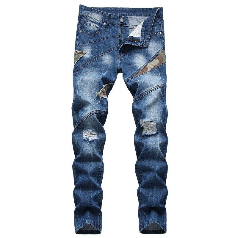 Men's Fashion Camo Patchwork Distressed Hole Slim Jeans 88866930Z