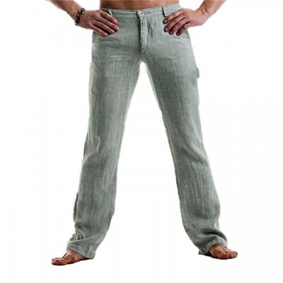 Men's Linen Pocket Straight Solid Color Loose Pants 49899443X