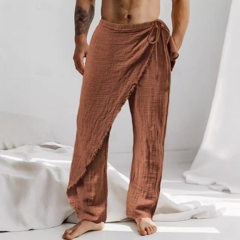 Men's Casual Linen Asymmetric Lace-Up Pants 36764668Y