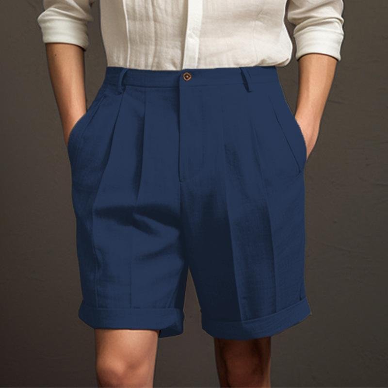 Men's Solid Linen Pleated Straight Casual Shorts 86006833Z