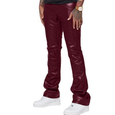 Men's Vintage Solid Color Mid-Rise Loose Thin Leather Pants 74804863M