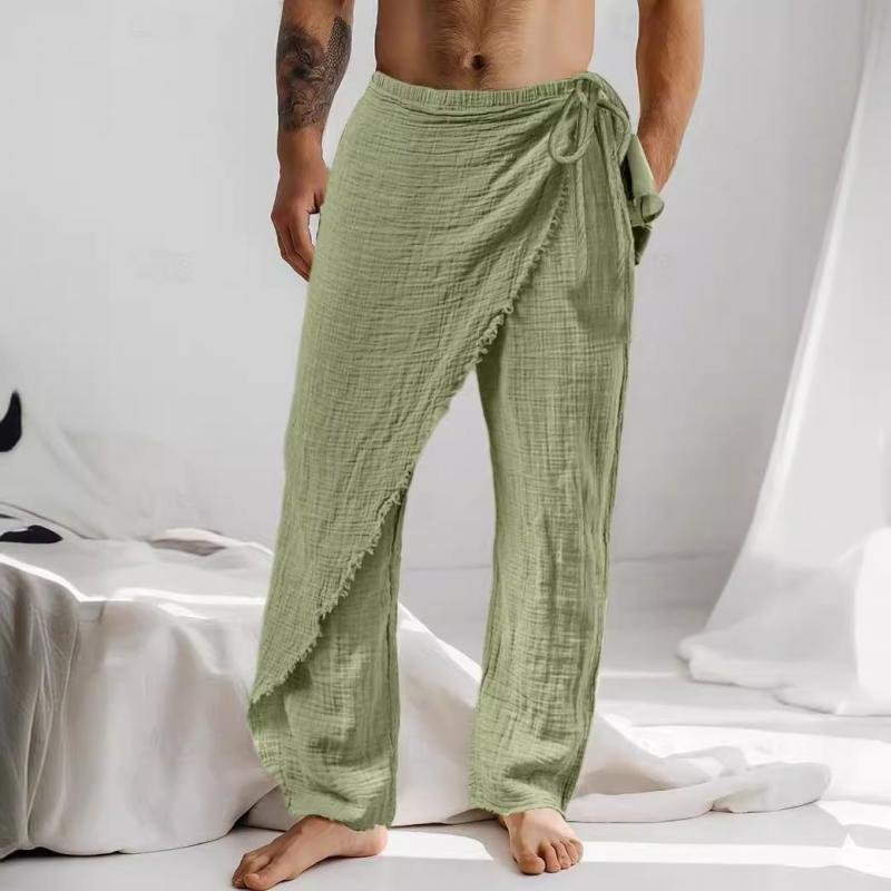 Men's Casual Linen Asymmetric Lace-Up Pants 36764668Y