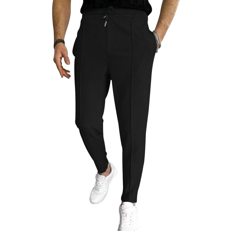 Men's Solid Waffle Elastic Waist Slim Casual Trousers 66746844Z