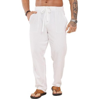 Men's Solid Cotton And Linen Drawstring Elastic Waist Casual Pants 63066867Z