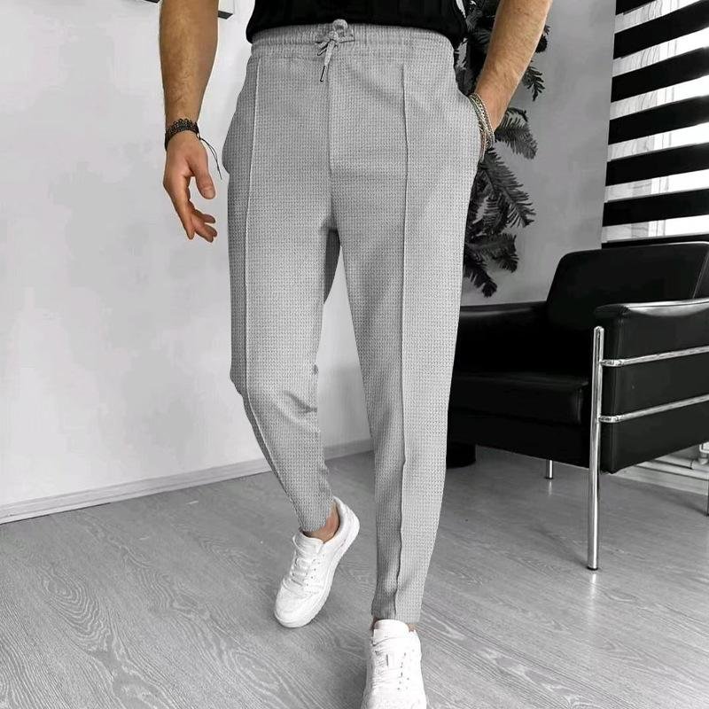 Men's Solid Waffle Elastic Waist Slim Casual Trousers 66746844Z