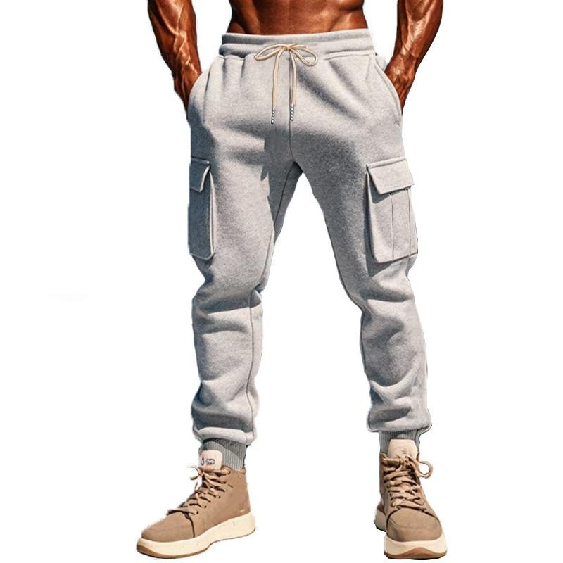 Men's Solid Color Plush Elastic Waist Multi-pocket Sports Pants 94373694Z