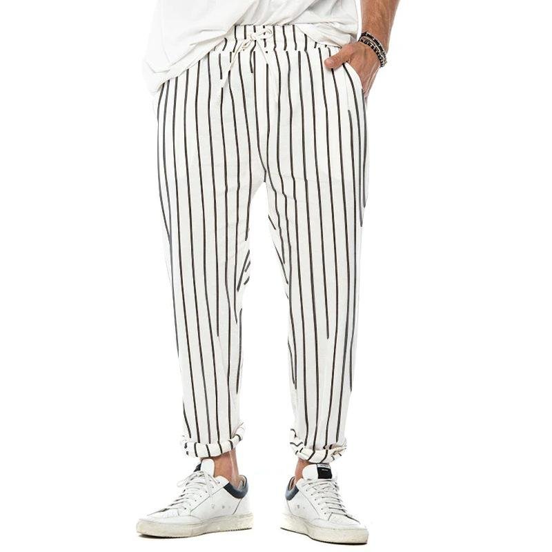 Men's Vertical Striped Cotton And Linen Straight Loose Trendy Casual Trousers 68666964Z