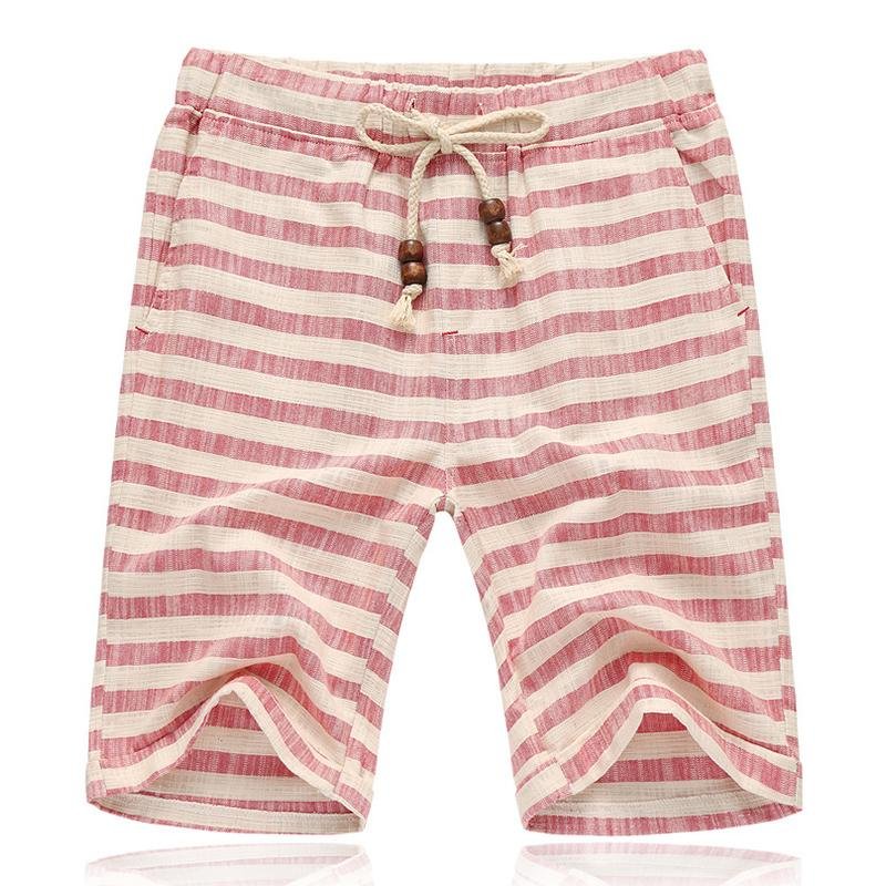 Men's Casual Cotton Linen Stripe Elastic Waist Straight Shorts 64338489M