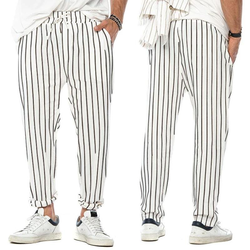 Men's Vertical Striped Cotton And Linen Straight Loose Trendy Casual Trousers 68666964Z