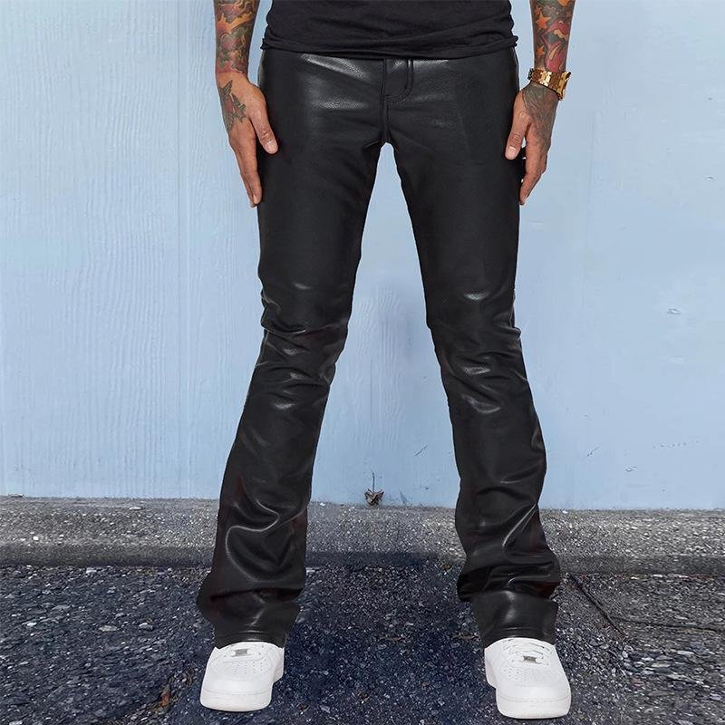 Men's Vintage Solid Color Mid-Rise Loose Thin Leather Pants 74804863M