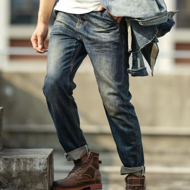 Men's Solid Color Motorcycle Cargo Vintage Jeans 40666784Y