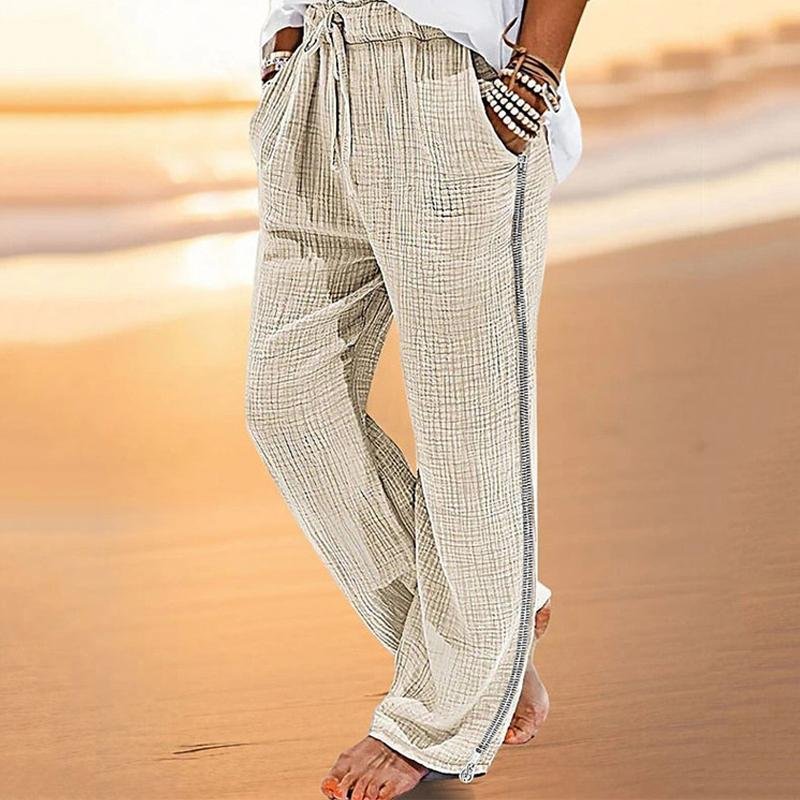 Men's Cotton Linen Beach Drawstring Elastic Waist Casual Pants 63066467X