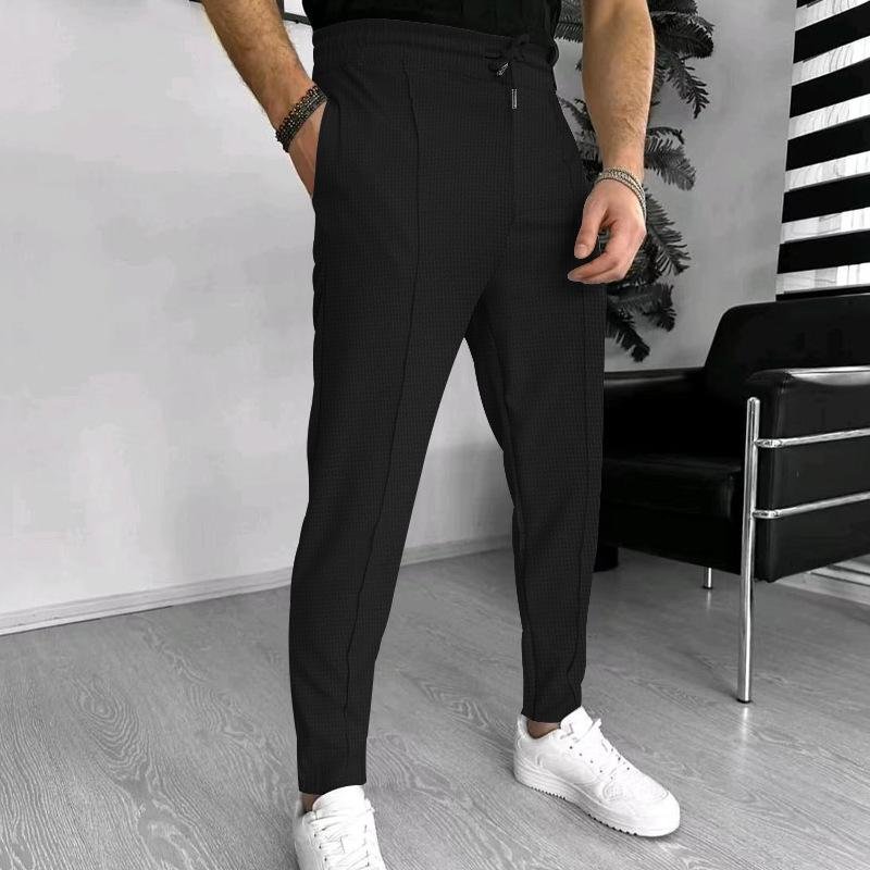 Men's Solid Waffle Elastic Waist Slim Casual Trousers 66746844Z