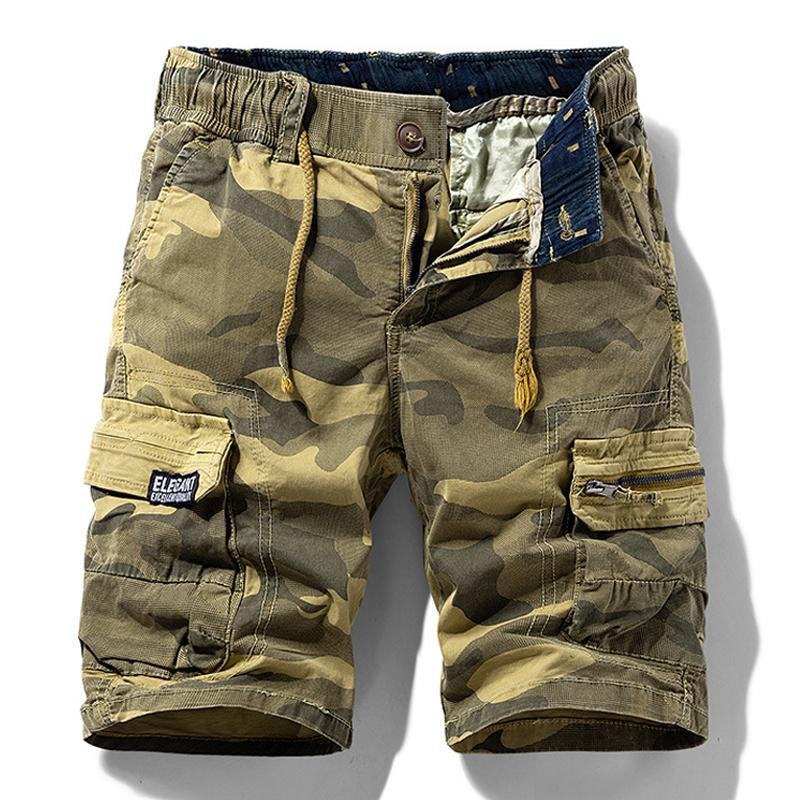 Men's Retro Camouflage Cotton Multi-Pocket Elastic Waist Cargo Shorts 06696407M