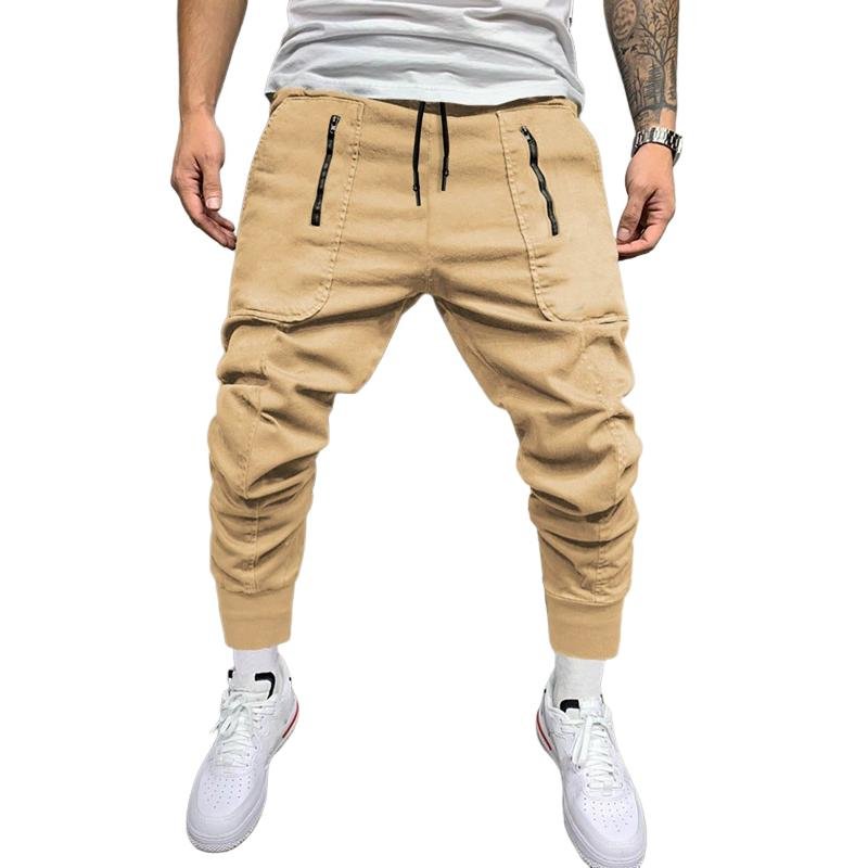 Men's Casual Zipper Pocket Elastic Waist Slim Fit Pants 46666600M