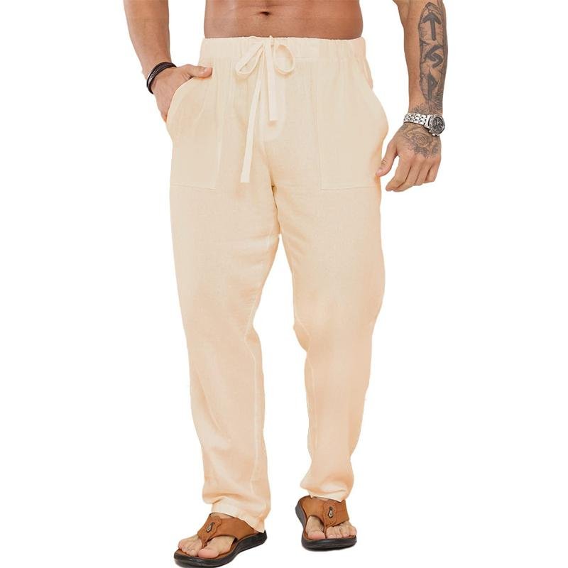 Men's Solid Cotton And Linen Drawstring Elastic Waist Casual Pants 63066867Z