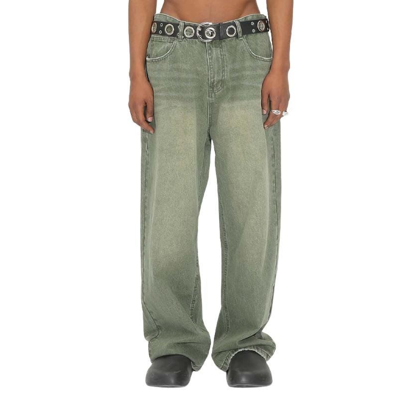 Men's Loose Washed Vintage Green Frayed Jeans 47046696X