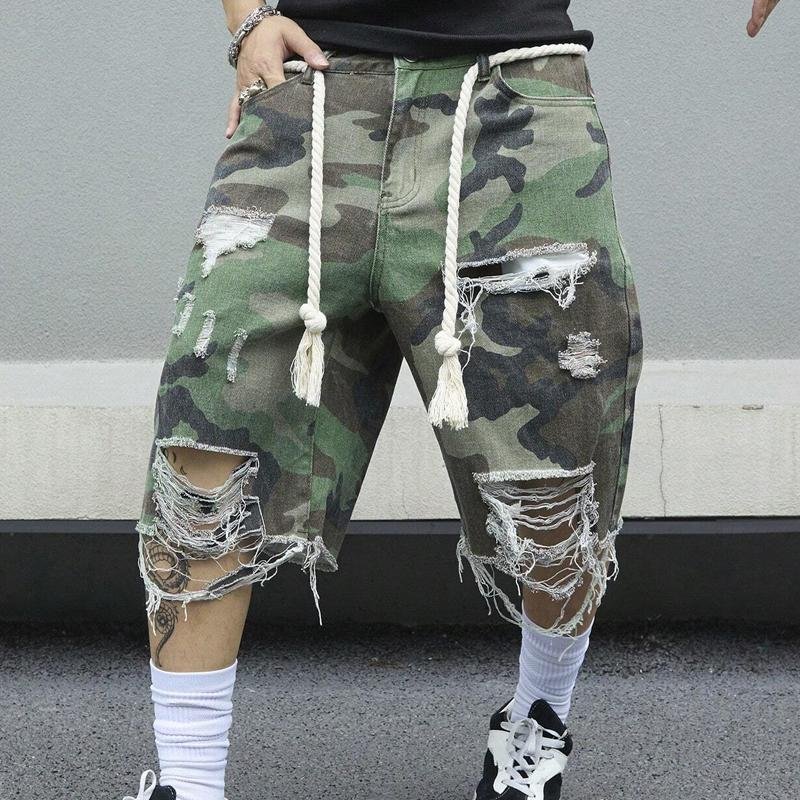 Men's Camouflage Washed Ripped Cropped Trousers 68486696Y