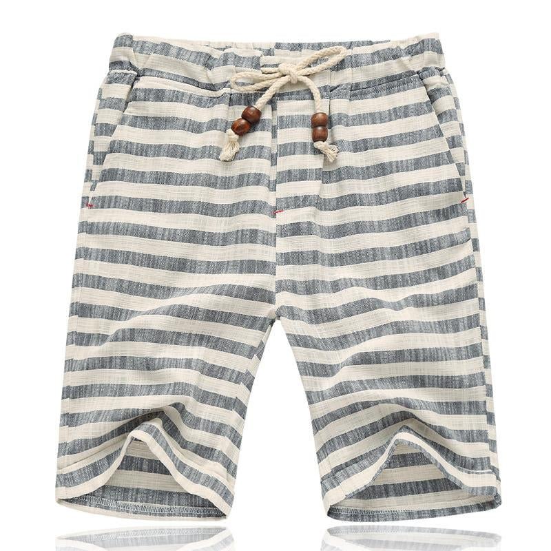 Men's Casual Cotton Linen Stripe Elastic Waist Straight Shorts 64338489M