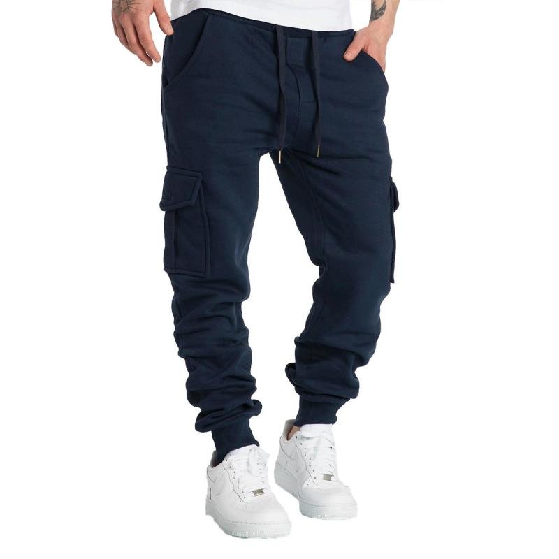 Men's Solid Fleece Multi-pocket Elastic Waist Sports Trousers 90668343Z