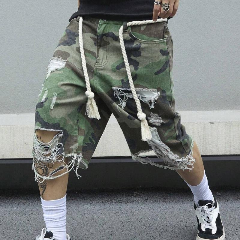Men's Camouflage Washed Ripped Cropped Trousers 68486696Y