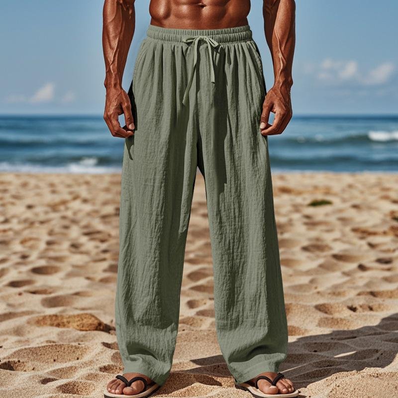 Men's Cotton And Linen Loose Lace-Up Pants 48893644Y