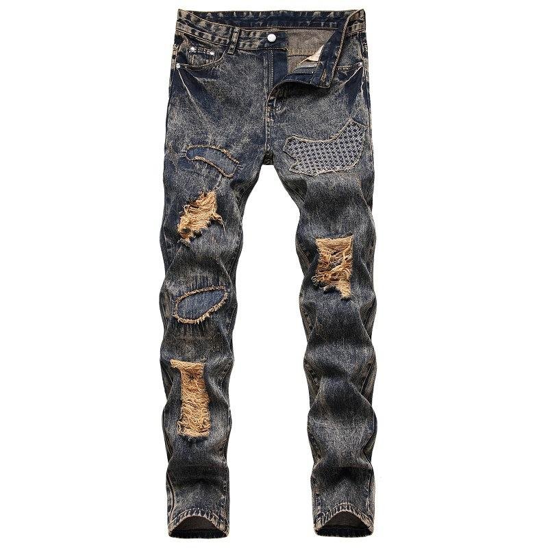 Men's Fashion Patchwork Distressed Hole Slim Jeans 44744466Z