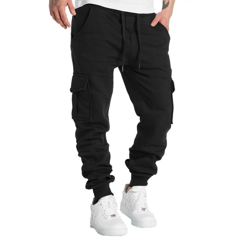 Men's Solid Fleece Multi-pocket Elastic Waist Sports Trousers 90668343Z