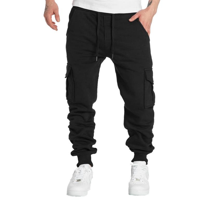 Men's Solid Fleece Multi-pocket Elastic Waist Sports Trousers 90668343Z