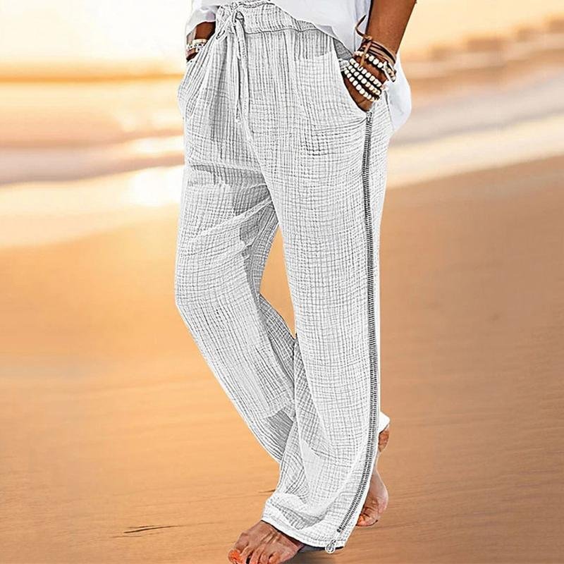 Men's Cotton Linen Beach Drawstring Elastic Waist Casual Pants 63066467X