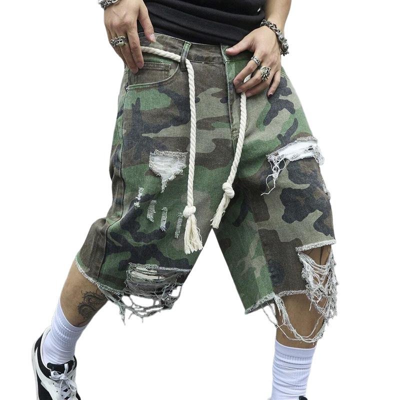 Men's Camouflage Washed Ripped Cropped Trousers 68486696Y