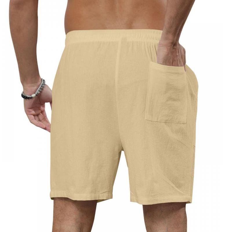 Men's Solid Color Cotton And Linen Beach Drawstring Shorts 66870846Y