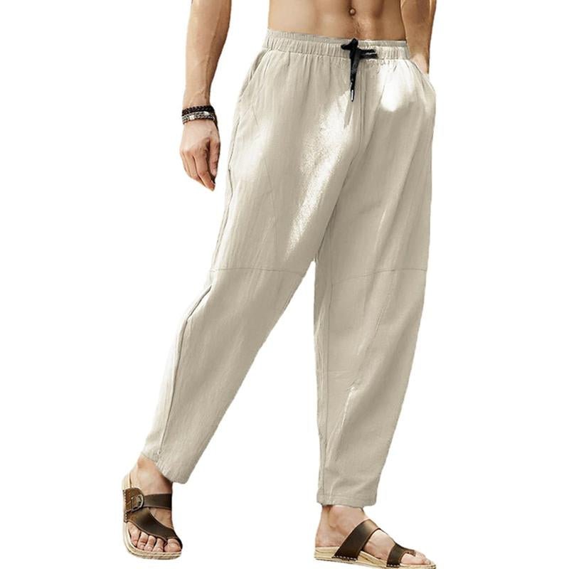 Men's Loose Cotton Linen Solid Color Drawstring Pants 46608037Y