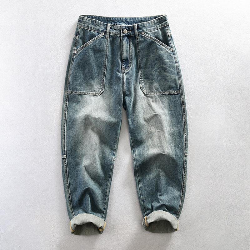 Men's Vintage Washed Distressed Multi-pocket Jeans 40664764M